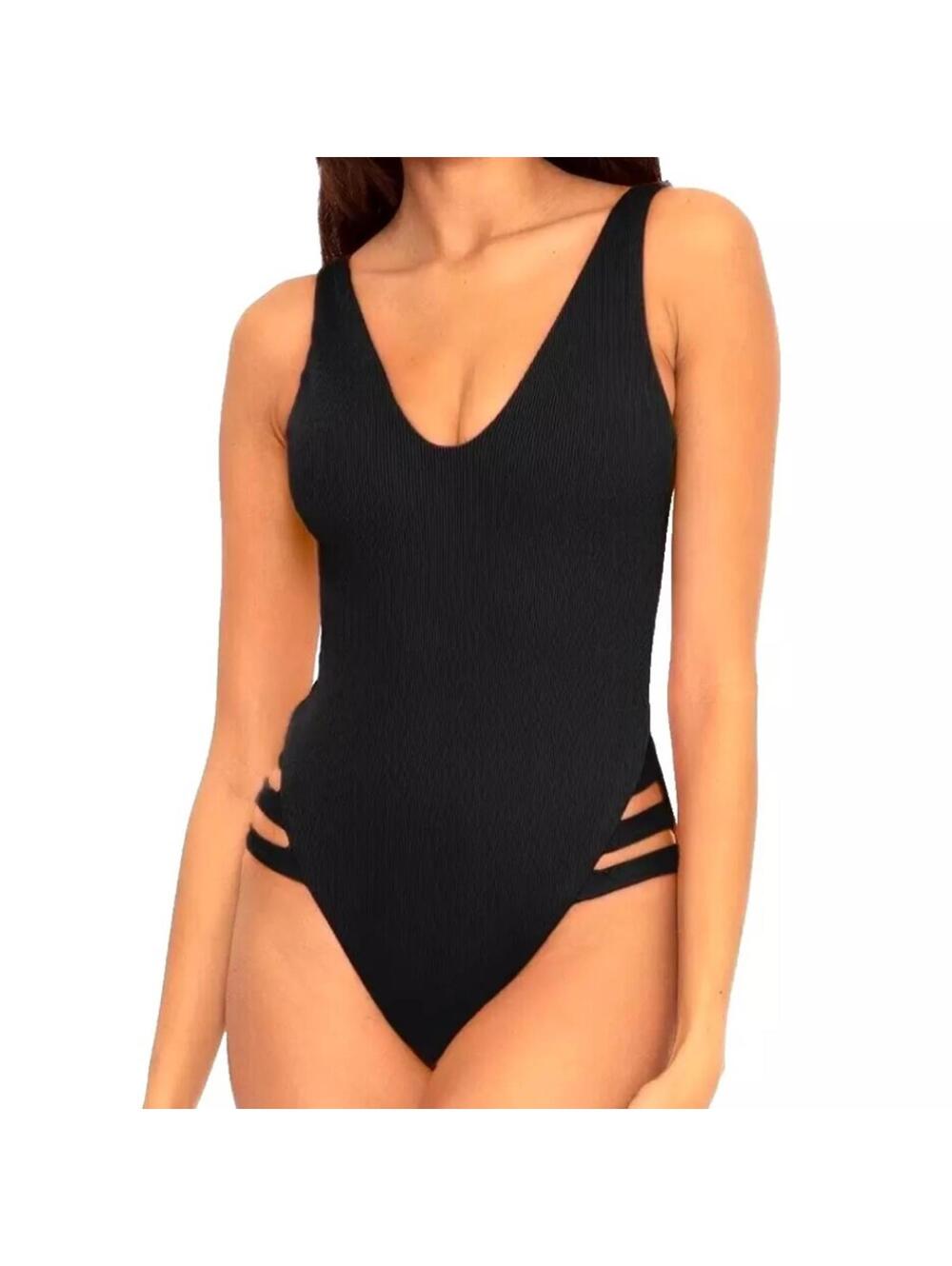 BECCA Black Ribbed One-Piece Swimsuit with Side Straps